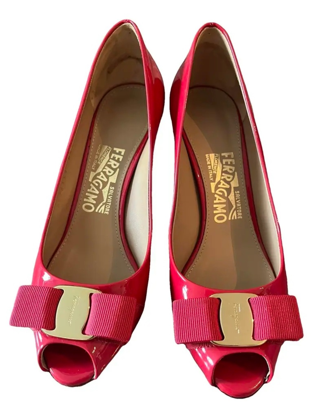 Salvatore Ferragamo Red Patent Peep-Toe Bow Pumps